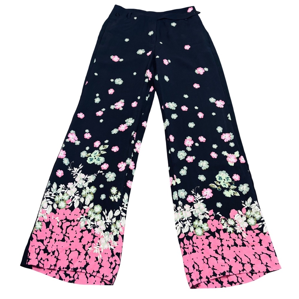 By Anthropologie Ella Wide-Leg Pants, Black‎ Base Floral AOP Pink Green Size 6